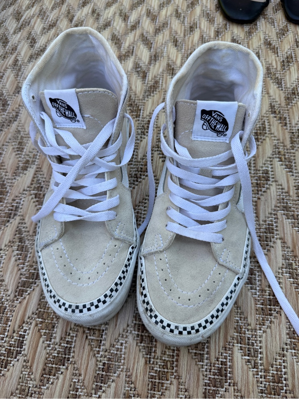 Vans Cream Suede High-Top Sneakers with Checker Trim